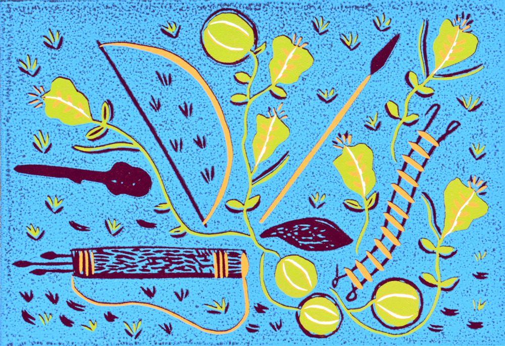 BUSHMEN HUNTING TOOLS AND WILD FOOD, 2022 (REDUCTION LINOCUT)