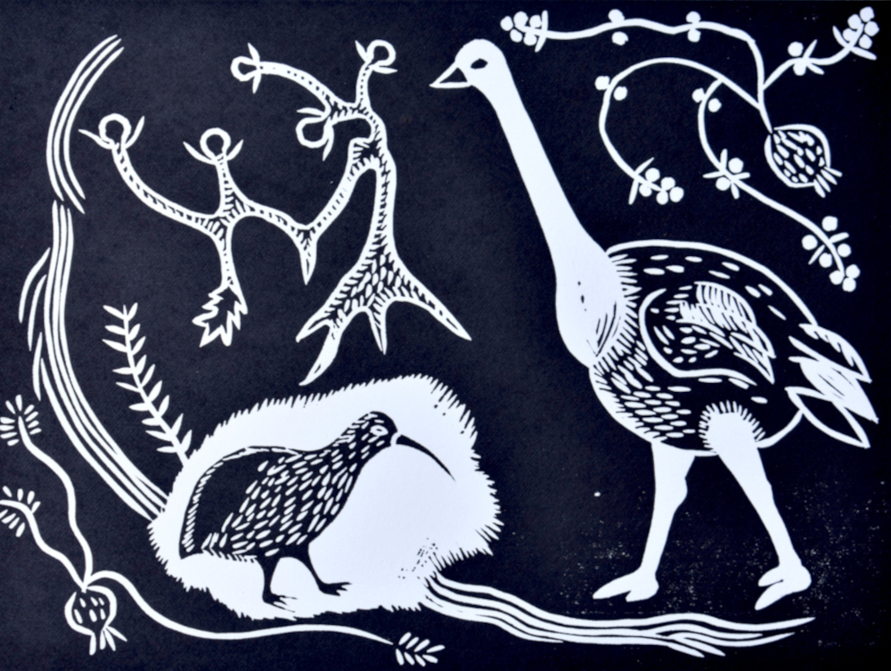 FIRST MEETING OF OSTRICH AND KIWI, 2022 (LINOCUT)