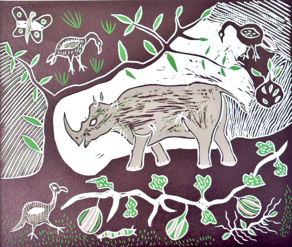 RHINO, BIRDS AND WILD PLANTS, 2021 (REDUCTION LINOCUT)