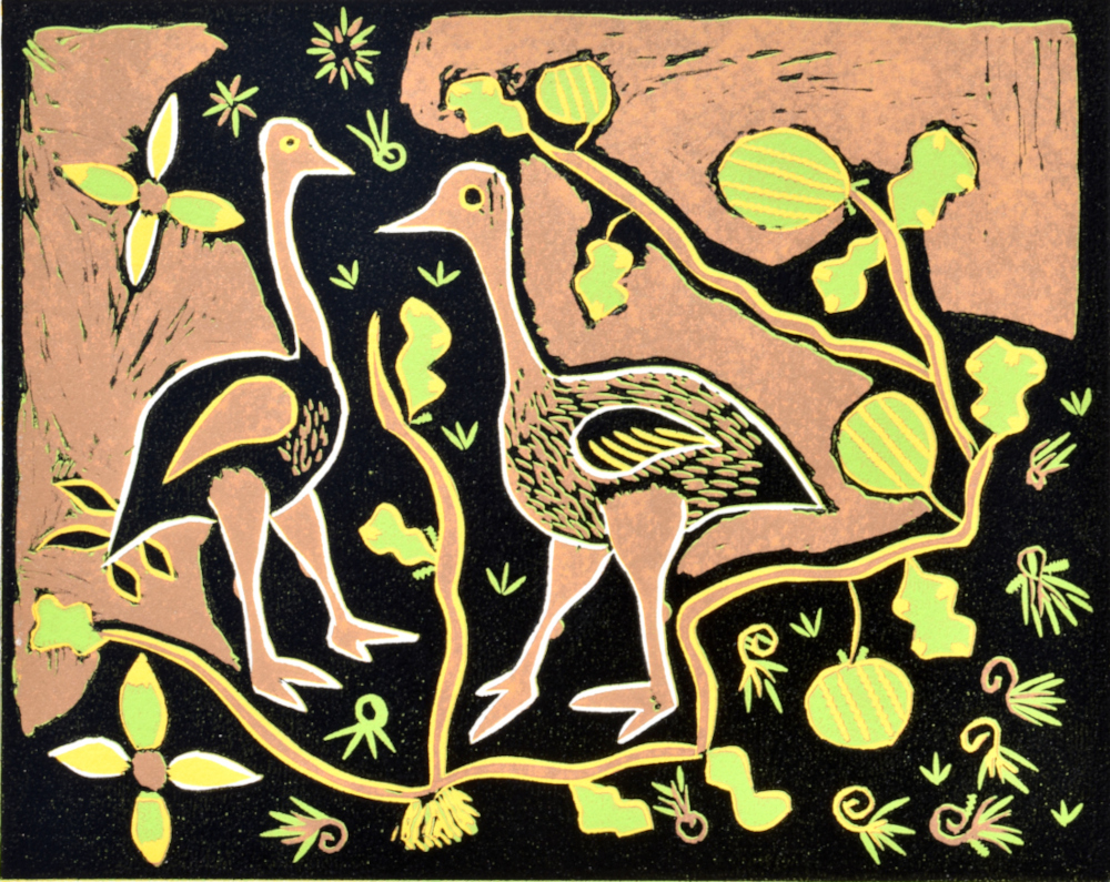 TWO OSTRICHES AND WILD MELONS, 2022 (REDUCTION LINOCUT)