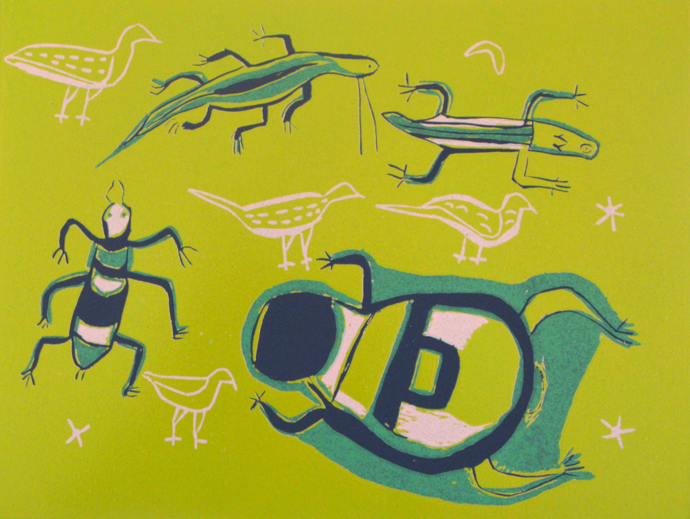 FROG AND LIZZARD, 2011 (REDUCTION LINOCUT)