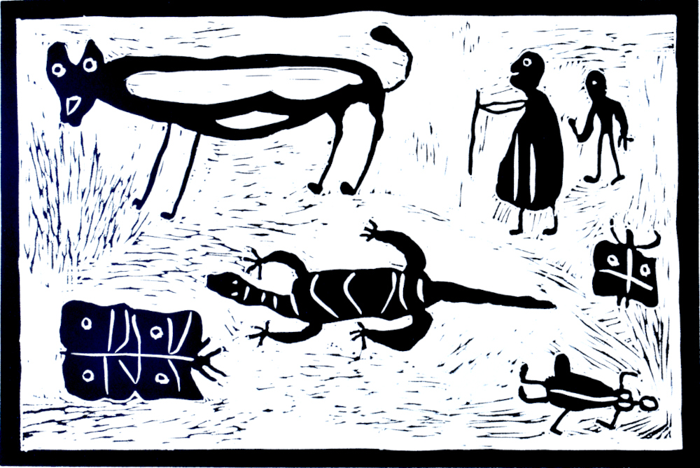 OLD WOMAN AND HUSBAND LOOKING FOR FIREWOOD, 2007 (LINOCUT)