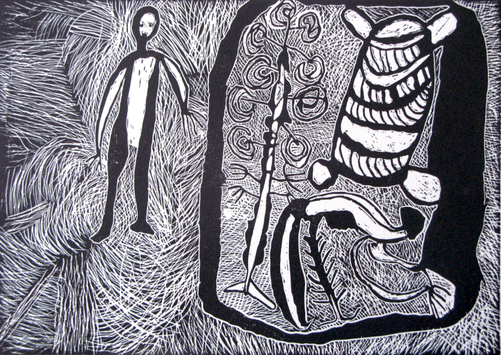 YOUNG MAN GATHERING VELD-FOOD, 2016 (LINOCUT)