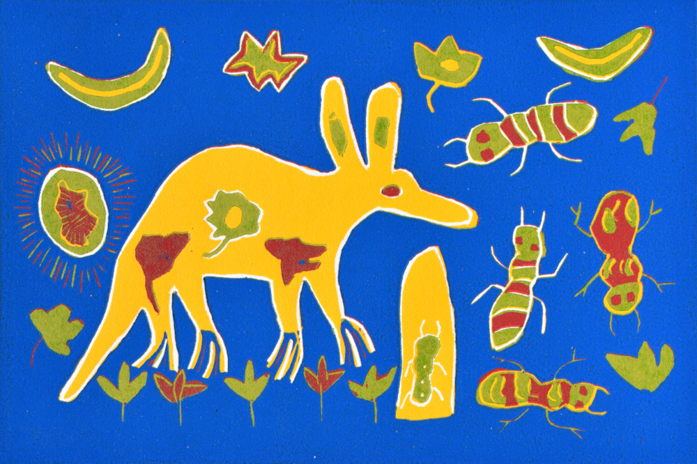 ANTBEAR LOOKING FOR FOOD AT NIGHT, 2021 (REDUCTION LINOCUT)
