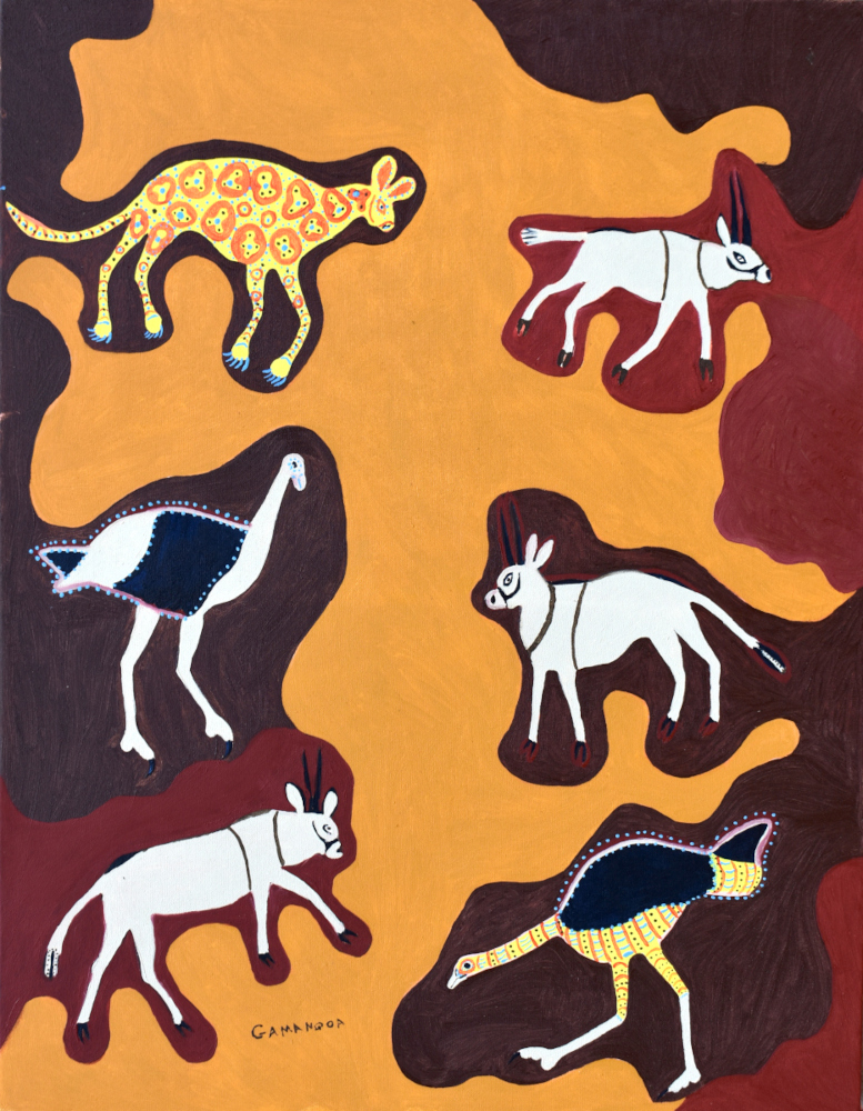 OSTRICHES, GEMSBOK AND CHEETAH, 2022 (OIL ON CANVAS)