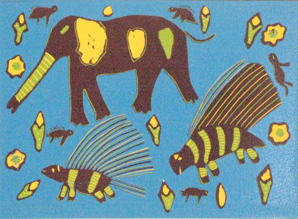 ELEPHANT AND PORCUPINES, 2014 (REDUCTION LINOCUT)
