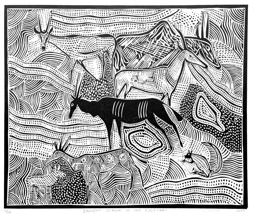 DROUGHT SEASON IN THE KALAHARI, 2025 (LINOCUT)