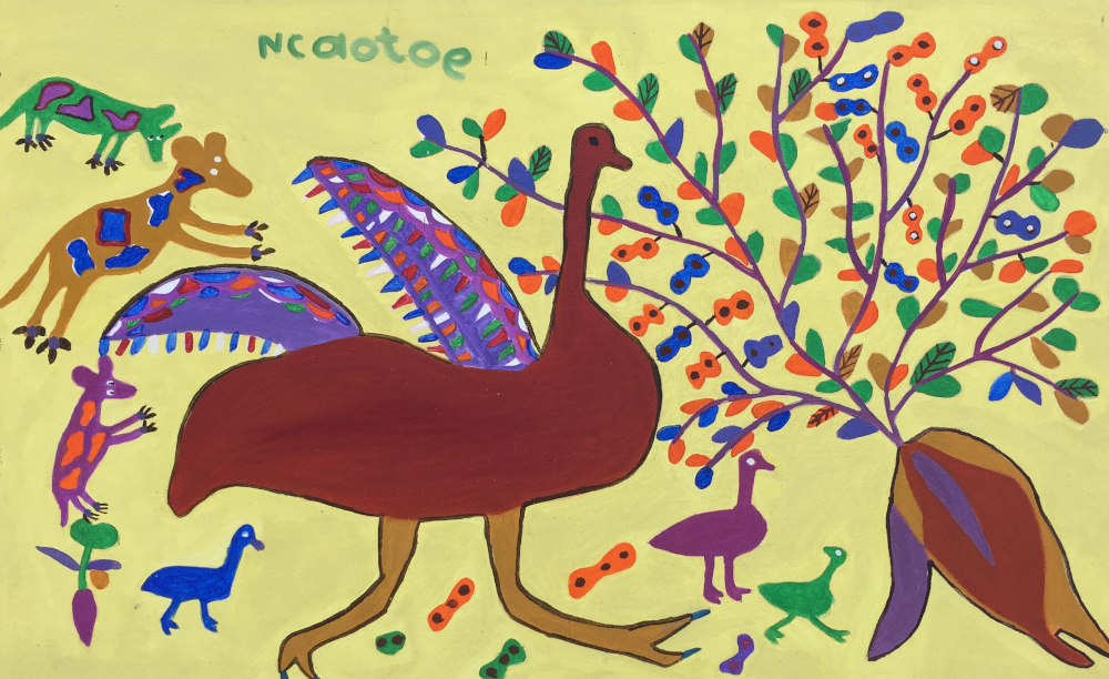 OSTRICH, WILD DOGS AND MORAMA PLANT, 2024 (OIL ON CANVAS)