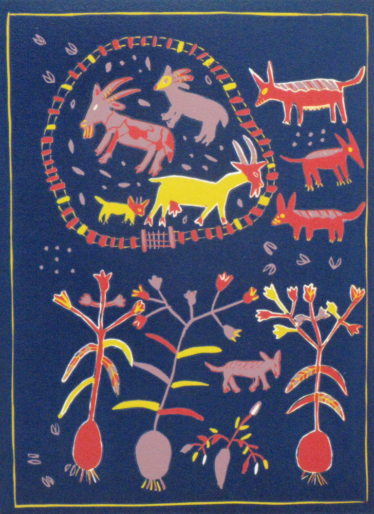 PROTECTING GOATS FROM PREDATORS, 2017 (REDUCTION LINOCUT)