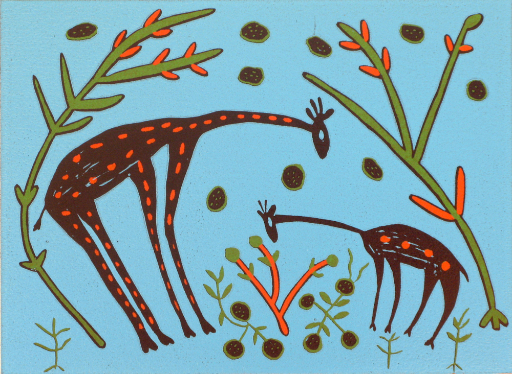 GIRAFFES AND CAMELTHORN TREES, 2012 (REDUCTION LINOCUT)
