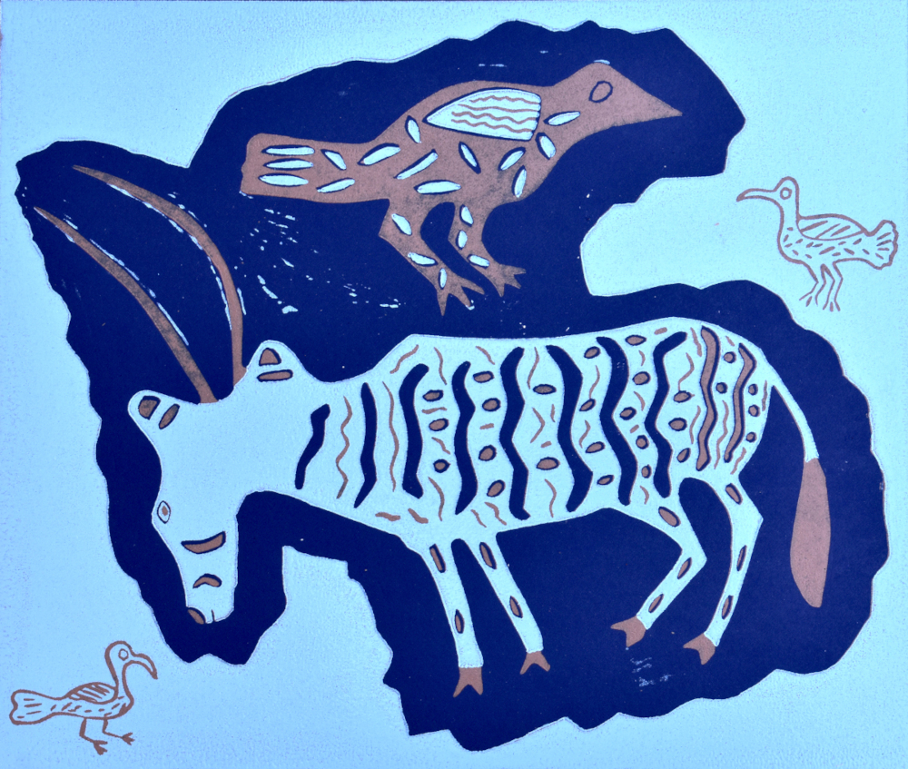 GEMSBOK AND THREE BIRDS, 2021 (REDUCTION LINOCUT)
