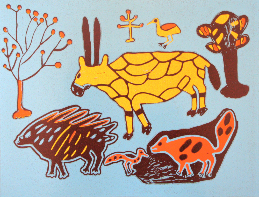GEMSBOK AND PORCUPINE, 2011 (REDUCTION LINOCUT)