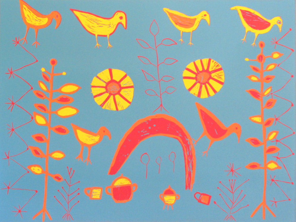 BUSHMEN HUTS, VELD-FOOD AND BIRDS, 2012 (REDUCTION LINOCUT)