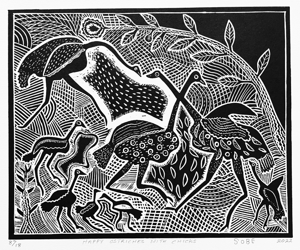 HAPPY OSTRICHES WITH CHICKS, 2022  (LINOCUT)