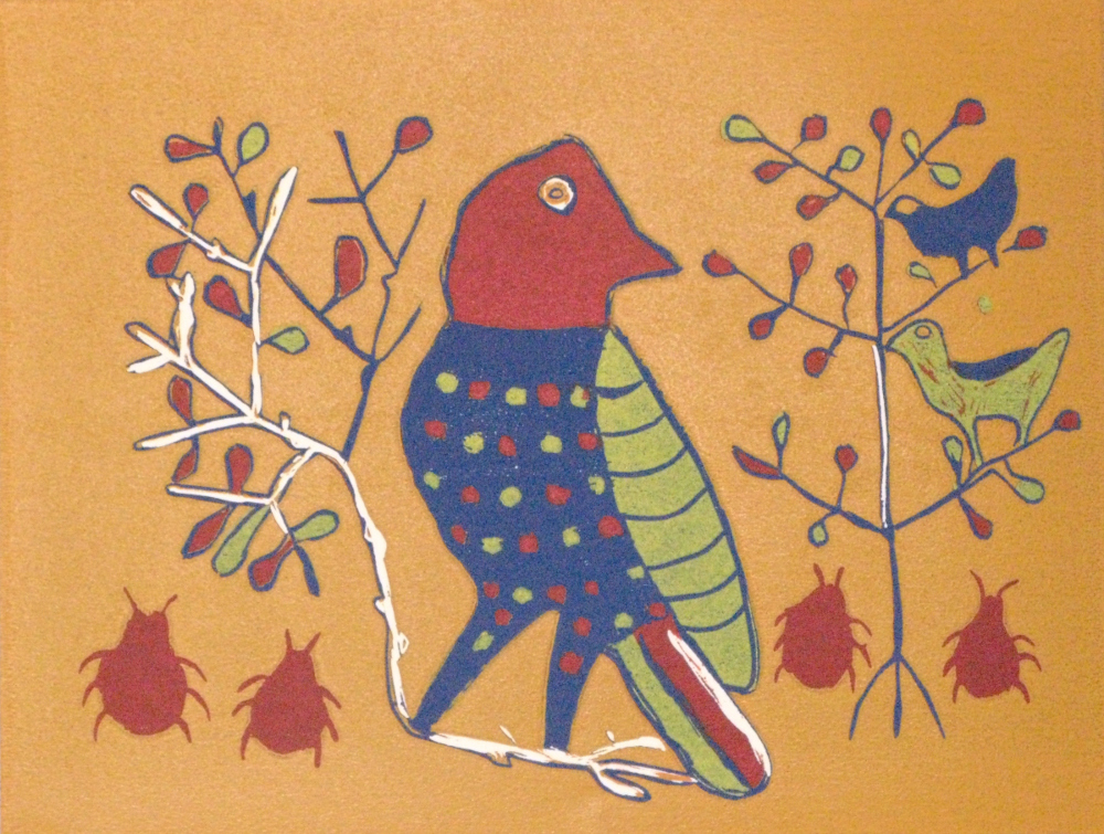 QURU CĒESE (BIRD) AND RAIN SPIDERS, 2013 (REDUCTION LINOCUT)