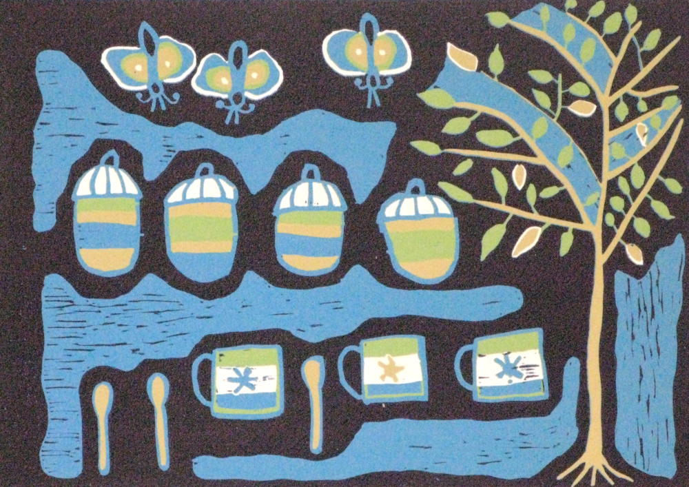 TEA SET UNDER XAM TSA TREE, 2015 (REDUCTION LINOCUT)