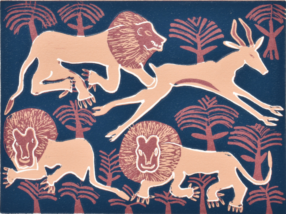LION KILLING A SPRINGBOK, 2019 (REDUCTION LINOCUT)