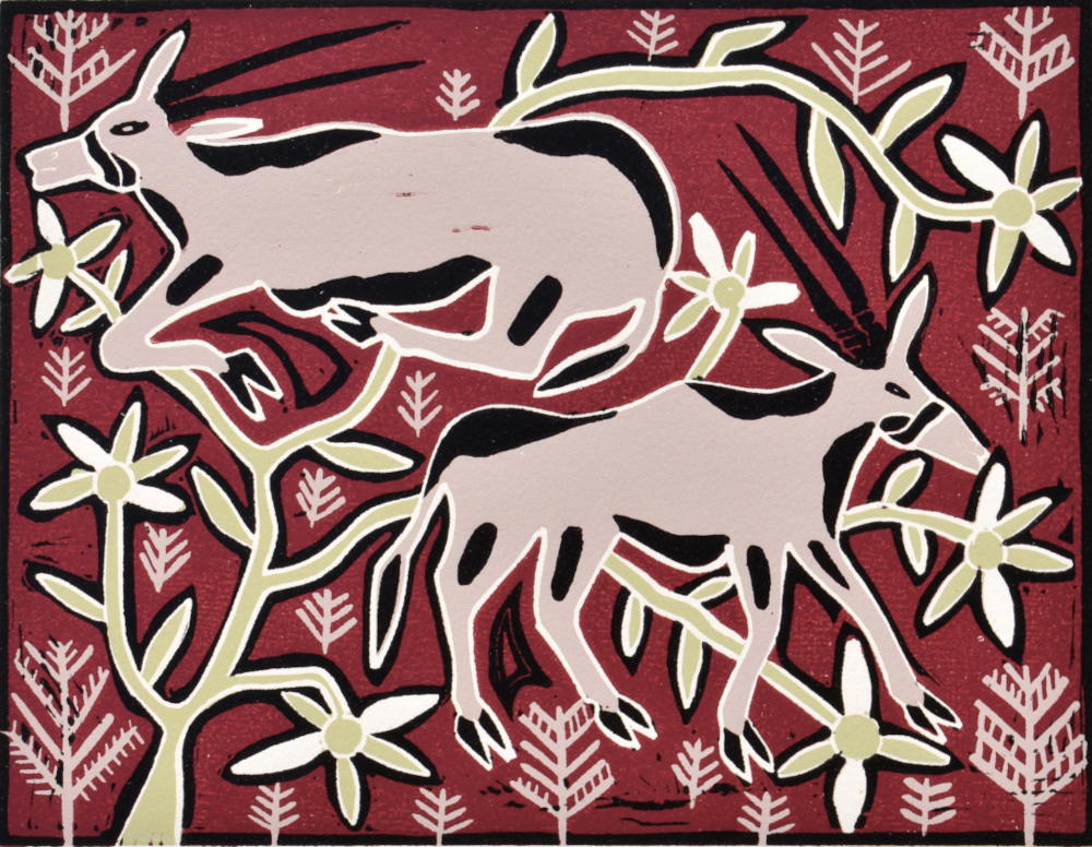 TWO GEMSBOKS, 2019 (REDUCTION LINOCUT)
