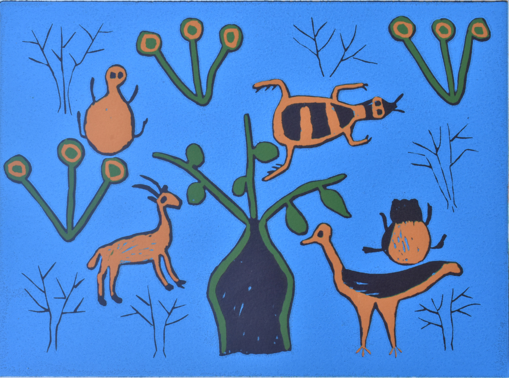 DUIKER AND SECRETARY BIRD AROUND A TREE, 2014 (REDUCTION LINOCUT)