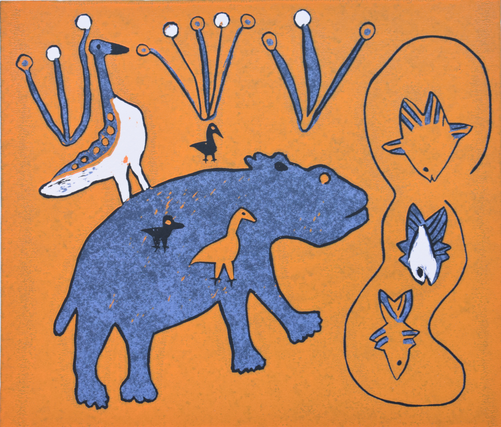 HIPPO, FISH AND WATER BIRDS, 2021 (REDUCTION LINOCUT)