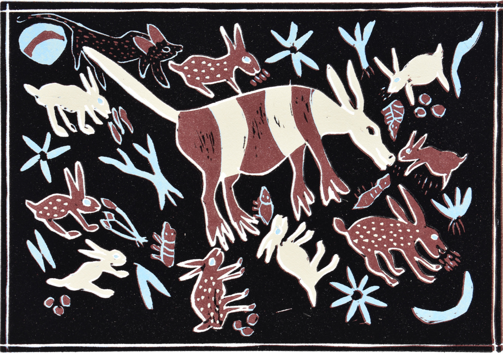ANTBEAR AND HARES, 2022 (REDUCTION LINOCUT)