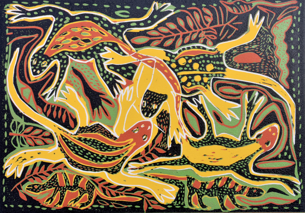 LIZARDS, 2021. (REDUCTION LINOCUT)